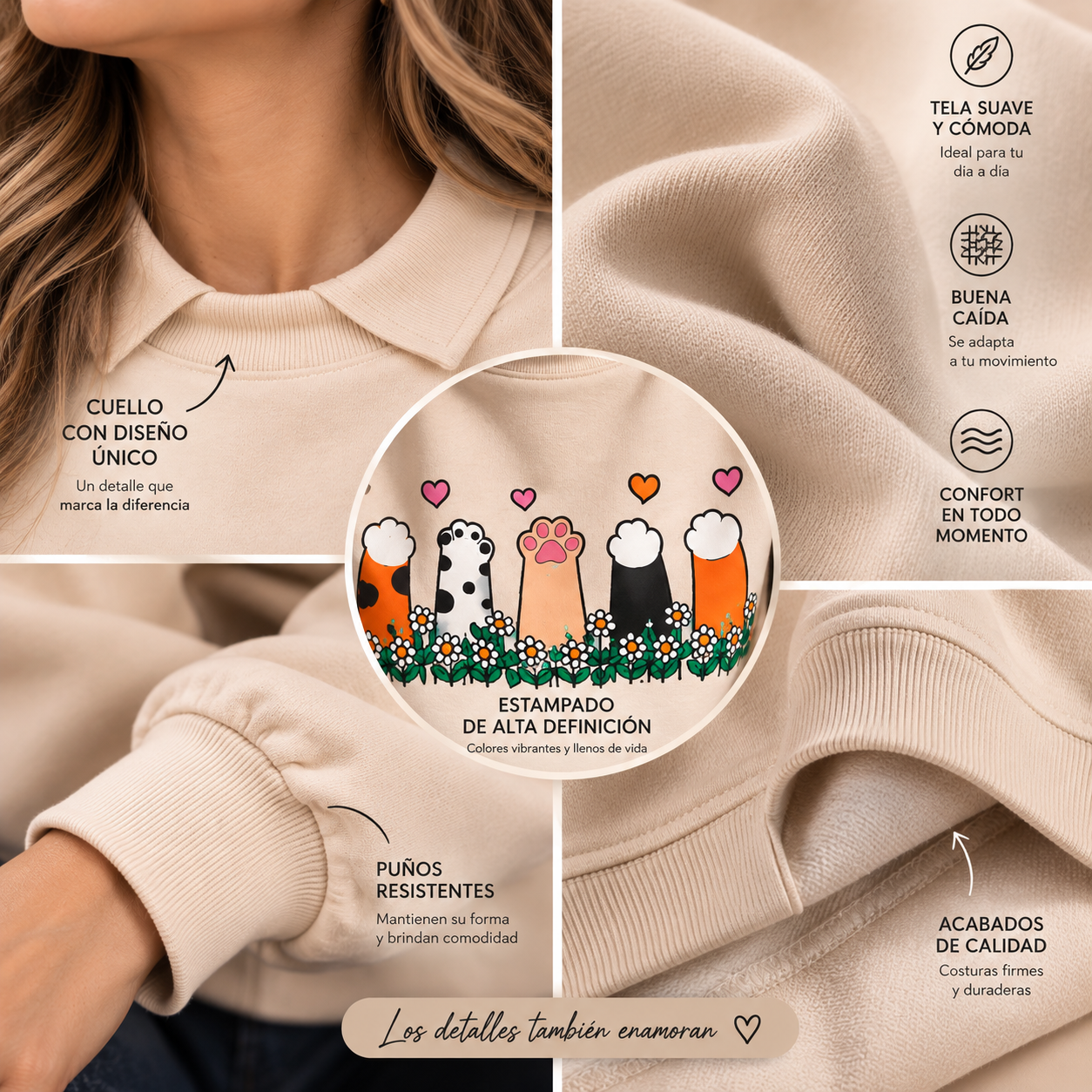 Detalles de tela, cuello, puños y estampado del buso