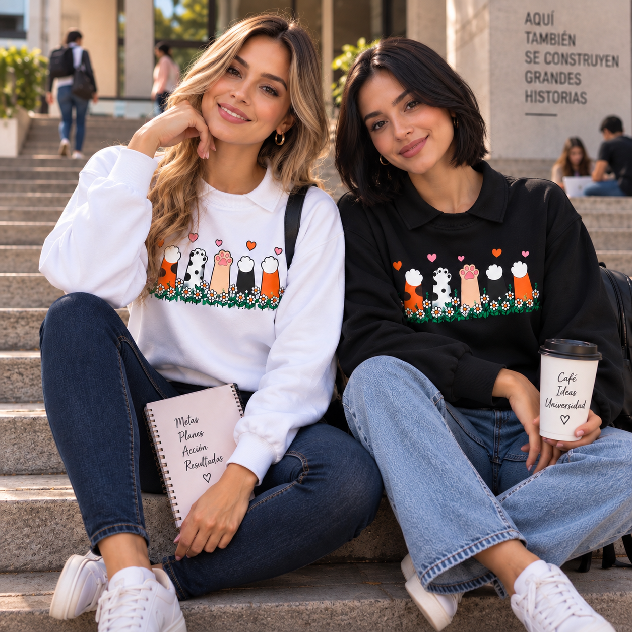 Amigas usando busos blanco y negro en la universidad